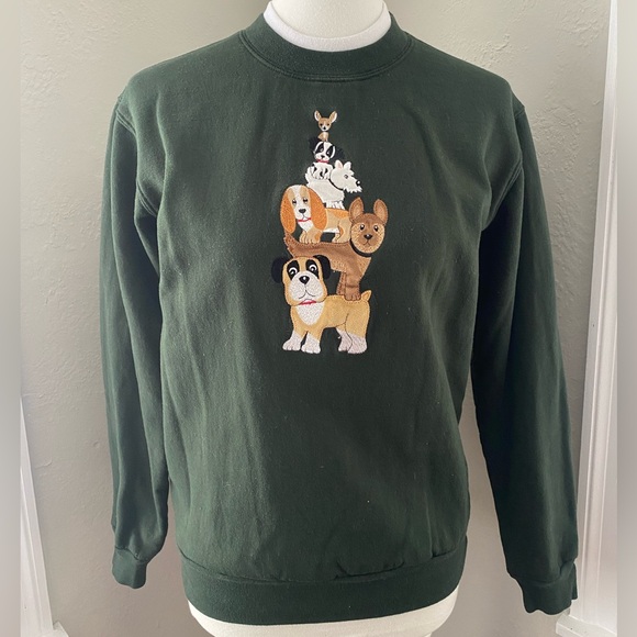 Decorated Originals Tops - Vtg Green Embroidered Stacked Dog Design Crewneck Sweatshirt Granny Cottage Cozy